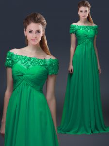 Shining Empire Mother of Bride Dresses Green Off The Shoulder Chiffon Short Sleeves Floor Length Lace Up