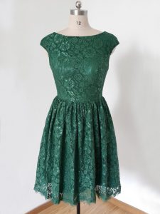 Dark Green Empire Lace Quinceanera Dama Dress Lace Up Lace Cap Sleeves Knee Length