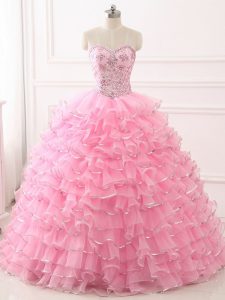 Organza Sleeveless Quinceanera Gown Sweep Train and Beading and Ruffled Layers