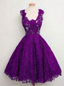 Sumptuous Purple Sleeveless Knee Length Lace Lace Up Dama Dress