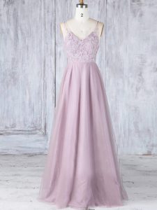 Hot Selling V-neck Sleeveless Dama Dress Floor Length Lace Pink Tulle