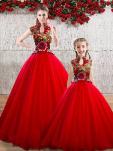 Custom Fit Red Sleeveless Floor Length Appliques Lace Up Quinceanera Gown