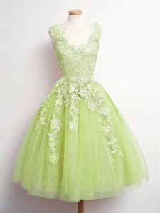 V-neck Sleeveless Damas Dress Knee Length Lace Yellow Green Tulle