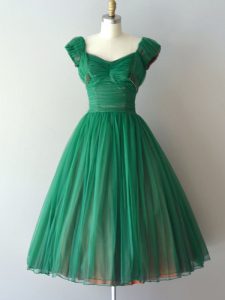 Stylish Green V-neck Neckline Ruching Court Dresses for Sweet 16 Cap Sleeves Lace Up