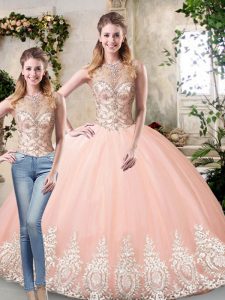 Modern Peach Sleeveless Floor Length Beading and Lace and Appliques Lace Up Ball Gown Prom Dress