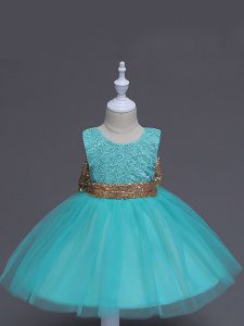 Sleeveless Tulle Knee Length Zipper Little Girl Pageant Gowns in Aqua Blue with Lace and Bowknot