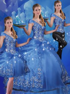 Cap Sleeves Floor Length Beading and Embroidery Lace Up 15 Quinceanera Dress with Blue