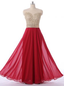 Floor Length Red Court Dresses for Sweet 16 Chiffon Sleeveless Beading