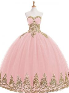 Baby Pink Ball Gowns Appliques Vestidos de Quinceanera Lace Up Tulle Sleeveless Floor Length