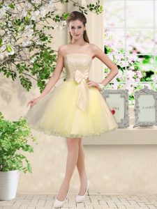 Captivating Light Yellow Quinceanera Dama Dress Prom and Party with Lace and Belt Off The Shoulder Sleeveless Lace Up