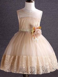 Hot Sale Tulle Scoop Sleeveless Zipper Lace and Hand Made Flower Girls Pageant Dresses in Champagne