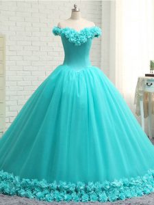 Aqua Blue Sleeveless Tulle Court Train Lace Up Quinceanera Gowns for Military Ball and Sweet 16 and Quinceanera