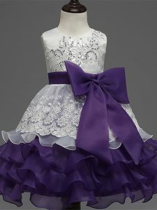 Custom Fit Scoop Sleeveless Zipper Pageant Dress for Teens White And Purple Organza