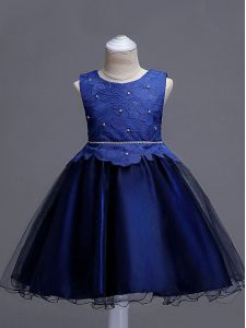 Navy Blue Zipper High School Pageant Dress Lace Sleeveless Knee Length