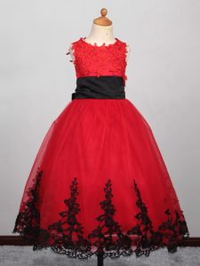 Red Lace Up Bateau Appliques Pageant Dress for Womens Tulle Sleeveless