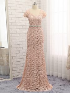 Cute Peach Zipper Sweetheart Beading and Belt Mother of Groom Dress Lace Cap Sleeves