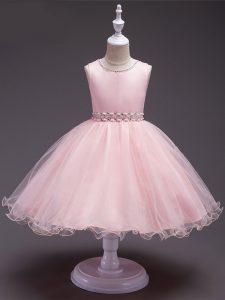 Stylish Baby Pink Sleeveless Knee Length Beading Zipper Winning Pageant Gowns