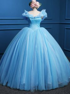 Baby Blue Ball Gowns Off The Shoulder Sleeveless Tulle Floor Length Zipper Appliques Quinceanera Gown