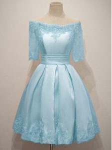 Nice Light Blue Half Sleeves Taffeta Lace Up Court Dresses for Sweet 16 for Prom and Party and Wedding Party