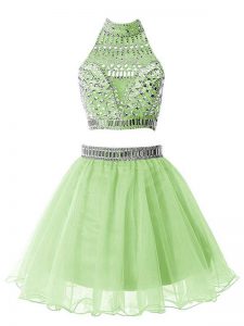 Colorful Organza High-neck Sleeveless Zipper Beading Dama Dress in Yellow Green