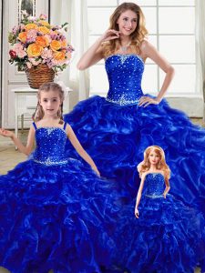 Custom Made Royal Blue Sleeveless Organza Lace Up Quinceanera Dresses for Military Ball and Sweet 16 and Quinceanera