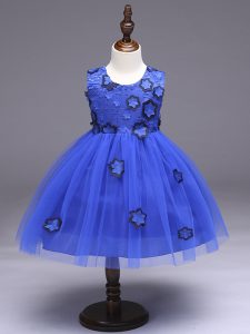 Royal Blue Tulle Zipper Little Girls Pageant Dress Wholesale Sleeveless Knee Length Appliques and Bowknot