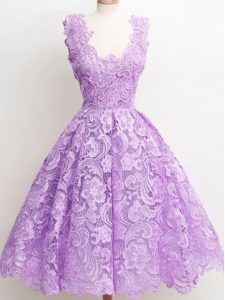 Lavender A-line Lace Quinceanera Dama Dress Zipper Lace Sleeveless Knee Length