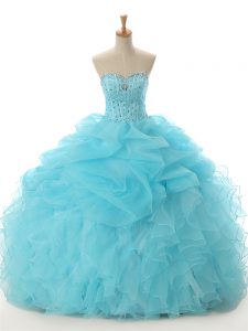 Free and Easy Sleeveless Organza Floor Length Lace Up Ball Gown Prom Dress in Aqua Blue with Beading and Ruffled Layers