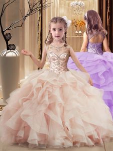 Brush Train Ball Gowns Little Girls Pageant Dress Wholesale Peach Scoop Tulle Sleeveless Lace Up