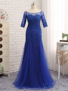 Exceptional Half Sleeves Floor Length Lace and Appliques Zipper Mother of Groom Dress with Royal Blue