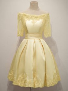 Classical Off The Shoulder Half Sleeves Dama Dress Knee Length Lace Yellow Taffeta