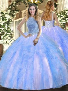 Baby Blue 15th Birthday Dress Military Ball and Sweet 16 and Quinceanera with Beading and Ruffles High-neck Sleeveless Lace Up