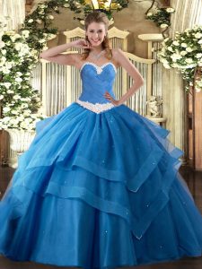 Sleeveless Floor Length Appliques and Ruffled Layers Lace Up Ball Gown Prom Dress with Baby Blue