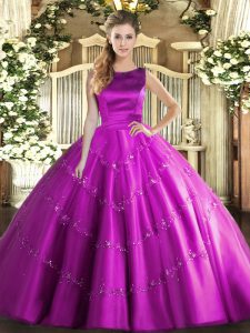 Flare Sleeveless Floor Length Appliques Lace Up 15 Quinceanera Dress with Fuchsia