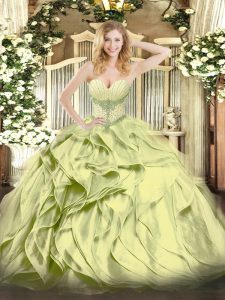 Olive Green Ball Gowns Sweetheart Sleeveless Organza Floor Length Lace Up Beading and Ruffles Quinceanera Gown