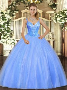 Sexy Floor Length Lace Up Quinceanera Gown Blue for Military Ball and Sweet 16 and Quinceanera with Beading