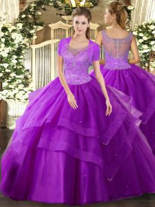 Unique Eggplant Purple Ball Gowns Beading and Ruffles Quinceanera Gown Clasp Handle Tulle Sleeveless Floor Length
