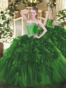 Romantic Dark Green Sweetheart Lace Up Beading and Ruffles Quinceanera Dress Sleeveless