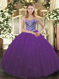 Nice Purple Ball Gowns Sweetheart Sleeveless Tulle Floor Length Lace Up Beading Sweet 16 Dresses