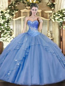 Fine Sleeveless Floor Length Beading and Ruffles Lace Up Quinceanera Dresses with Aqua Blue