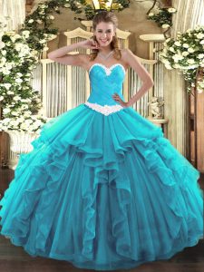 Elegant Aqua Blue Organza Lace Up Sweetheart Sleeveless Floor Length Quince Ball Gowns Appliques and Ruffles