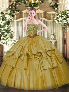 Floor Length Lace Up Quinceanera Gowns Brown for Military Ball and Sweet 16 and Quinceanera with Beading and Ruffled Layers