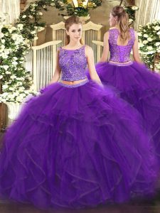 Sleeveless Floor Length Beading and Ruffles Lace Up Quinceanera Dress with Purple