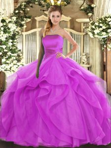 Fuchsia Strapless Lace Up Ruffles 15th Birthday Dress Sleeveless