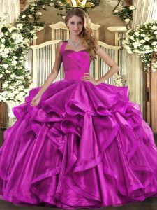 Smart Fuchsia Ball Gowns Organza Halter Top Sleeveless Ruffles Floor Length Lace Up Quinceanera Gown