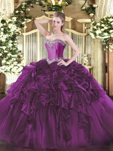 Modern Purple Sweet 16 Quinceanera Dress Military Ball and Sweet 16 and Quinceanera with Beading and Ruffles Sweetheart Sleeveless Lace Up