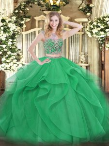 Green Scoop Neckline Beading and Ruffles Quinceanera Dress Sleeveless Lace Up