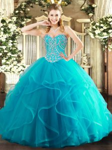 Pretty Teal Ball Gowns Tulle Sweetheart Sleeveless Beading and Ruffles Floor Length Lace Up Vestidos de Quinceanera