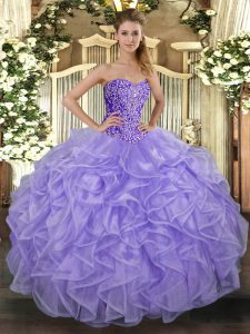 Extravagant Floor Length Lace Up Quince Ball Gowns Lavender for Military Ball and Sweet 16 and Quinceanera with Beading and Ruffles