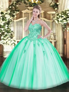 Turquoise Tulle Lace Up Sweetheart Sleeveless Floor Length Sweet 16 Dresses Appliques